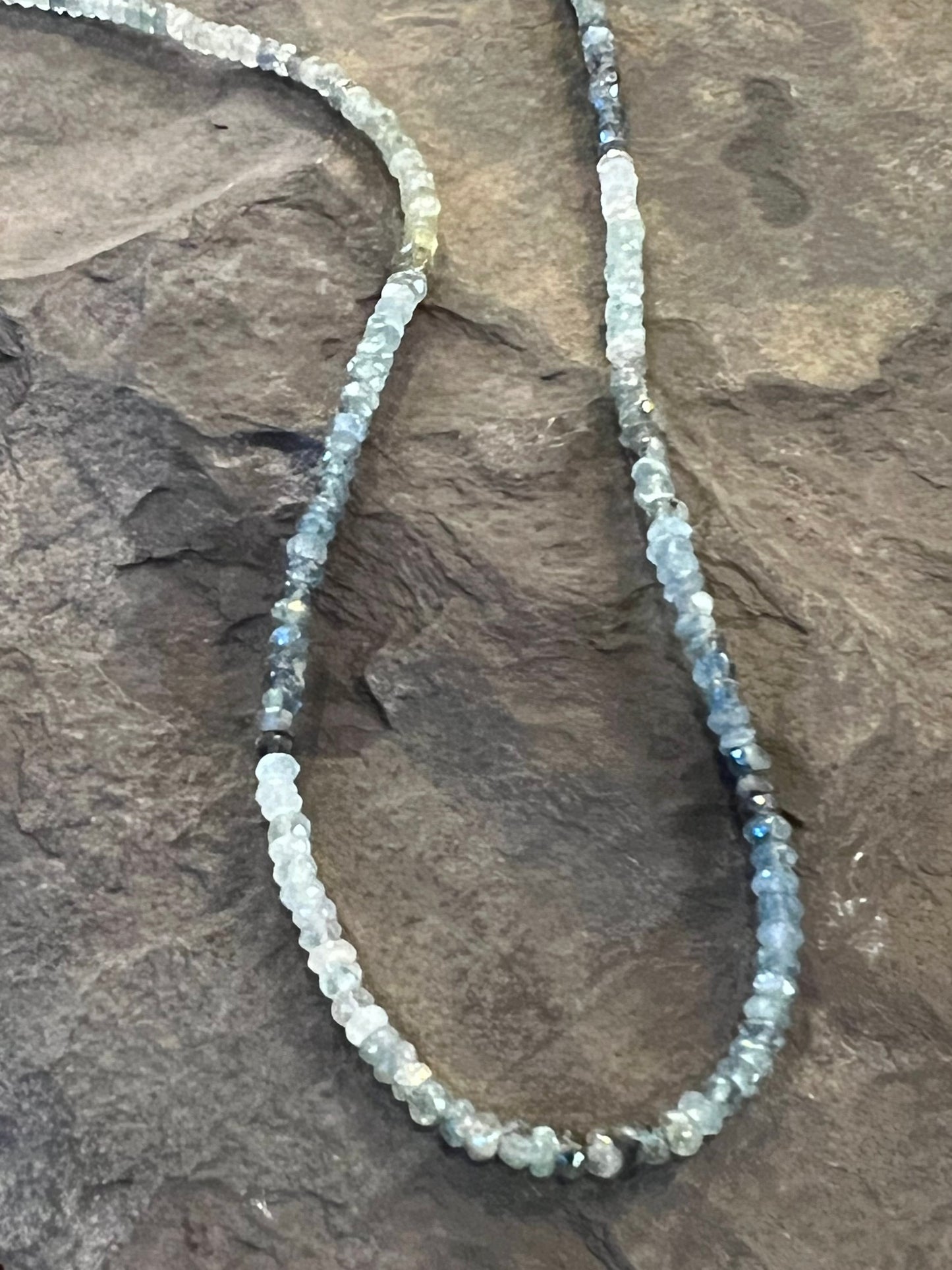 Ombré Moss Aquamarine Faceted Rondelle 16” Strand Necklace 14K