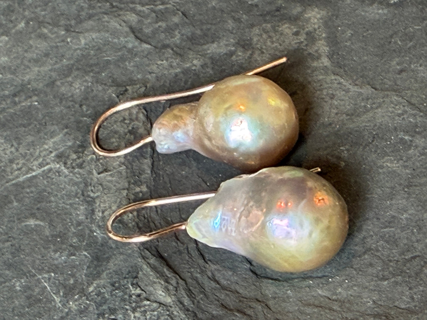 One of a Kind Mauve Bronze Baroque Pearl Minimalist Drop Earrings 14K Rose Gold