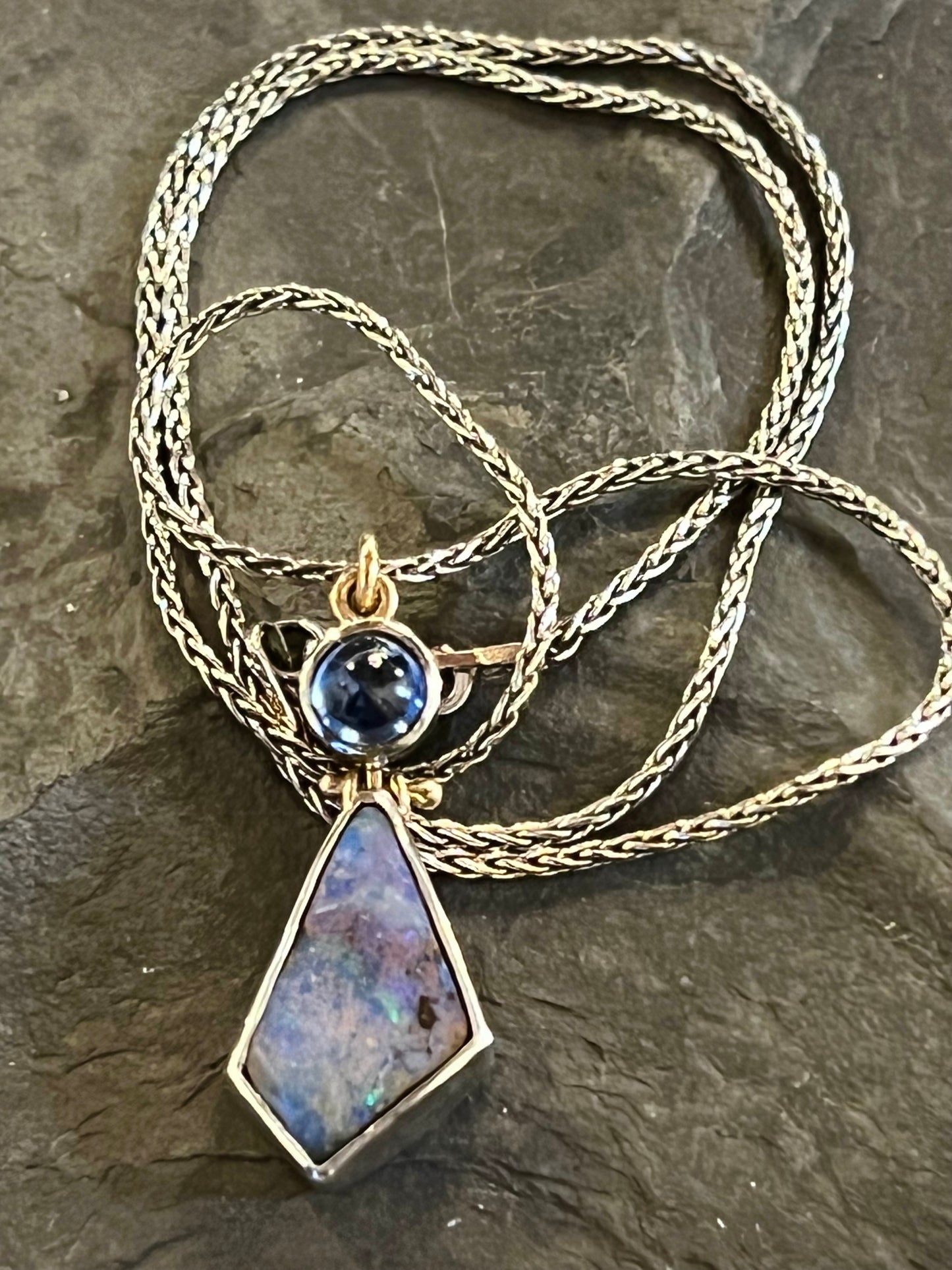 One of a Kind Sterling, 14K, Boulder Opal & Blue Kyanite Hinged Pendant