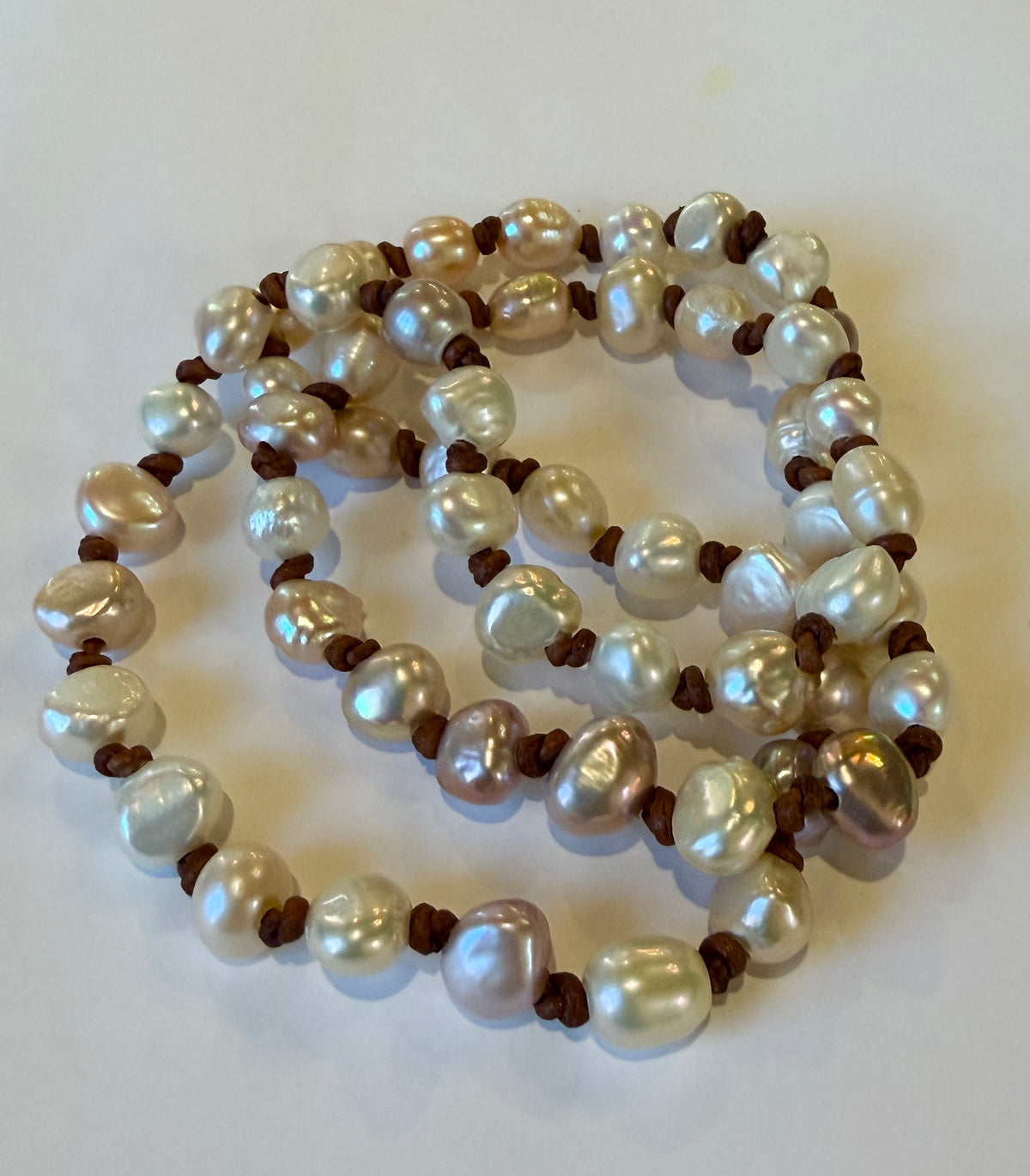 Freshwater High Luster Baroque Pearls Knotted on Leather Necklace 26”