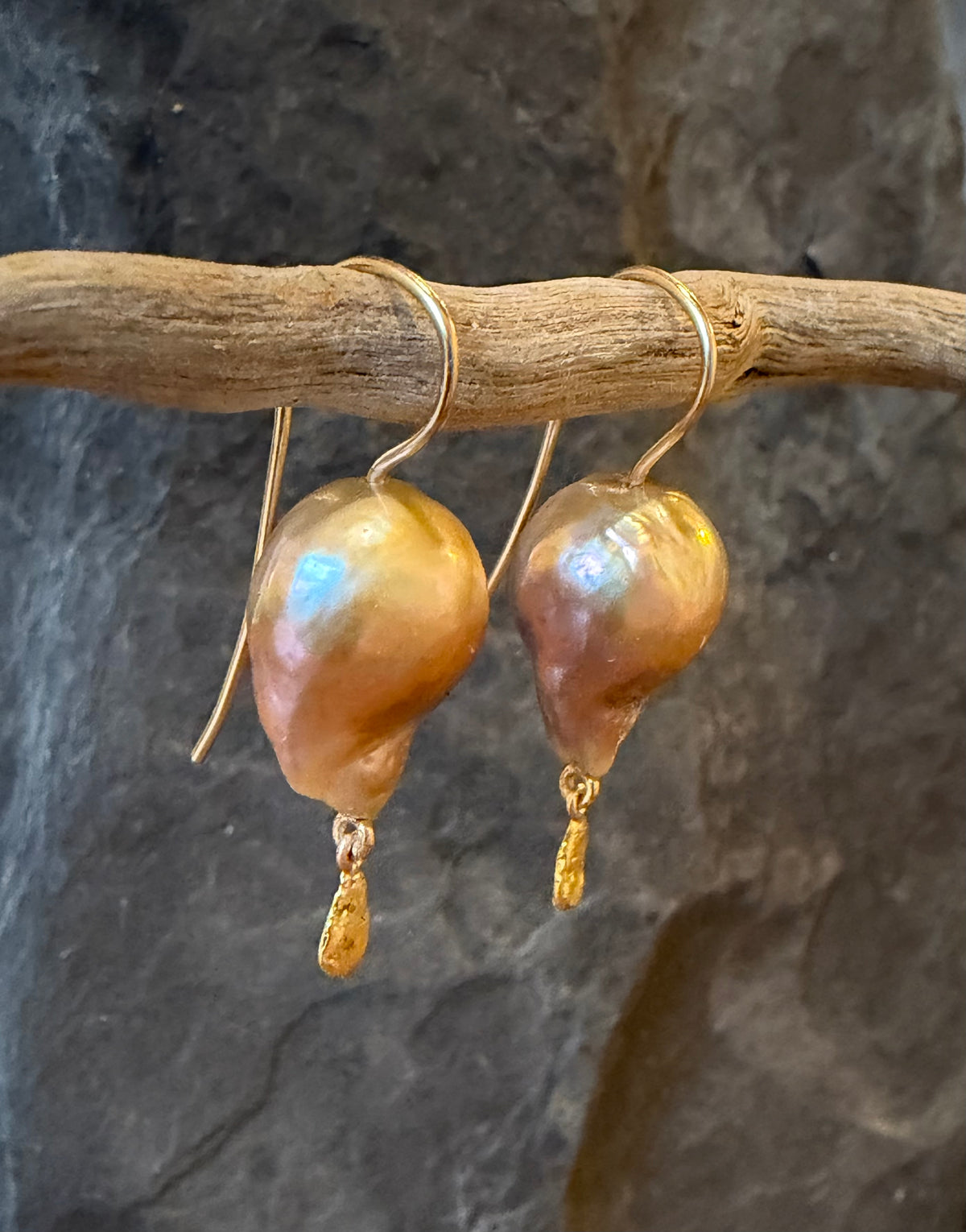 Bronze High Luster Baroque Pearl & 24K Gold Nugget One of a Kind Drop Statement Earrings