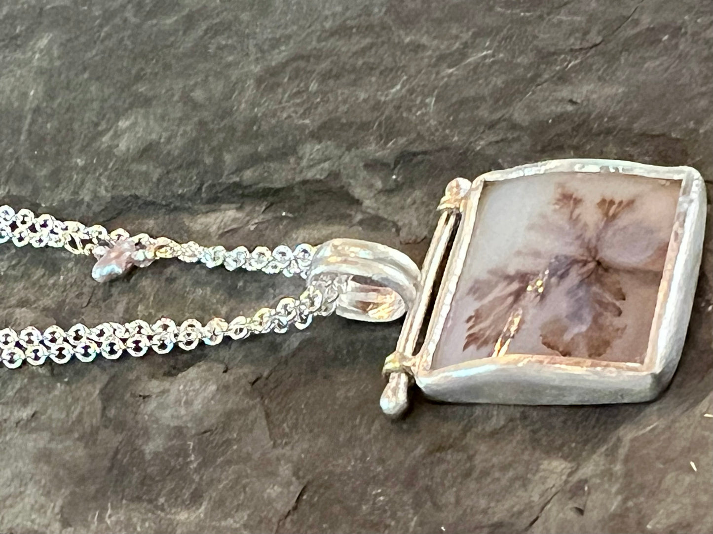 One of a Kind Dendritic Agate Hinged Sterling Silver Necklace with 14k Details, Spinel & Freshwater Pearl