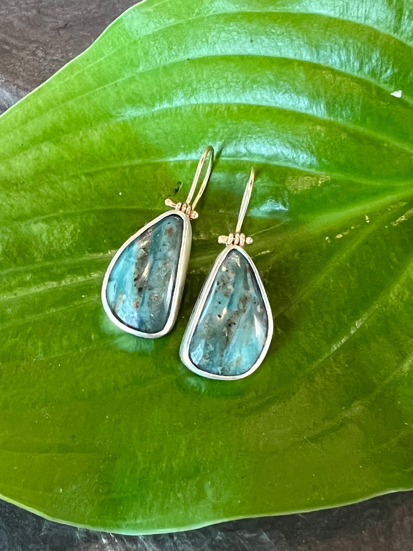 Blue Peruvian Opal Hinged Sterling Silver & 14K Drop Earrings- One of a Kind