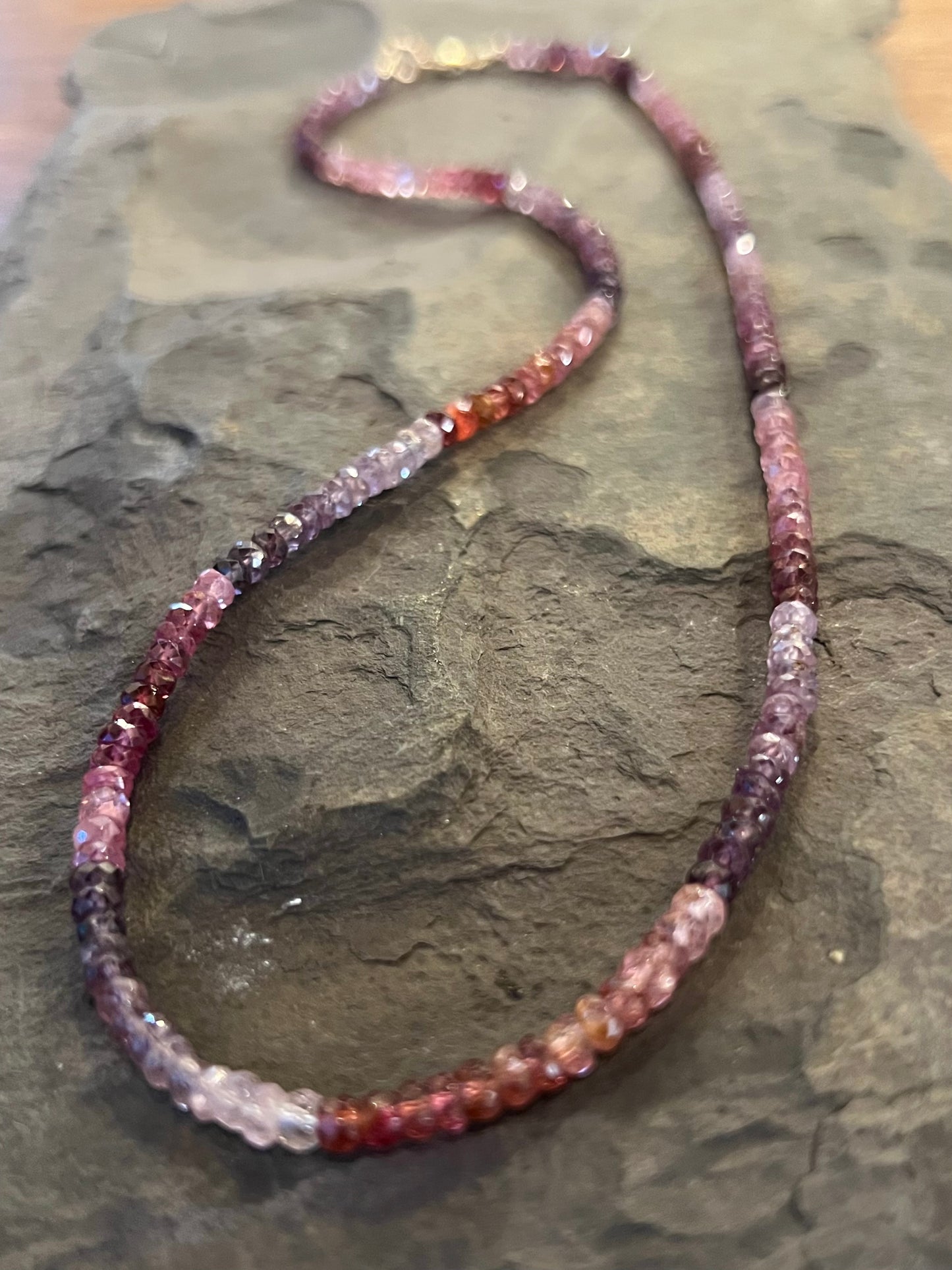 Shades of Spinel Red to Purple faceted 3 mm Rondelle 16” Strand Necklace 14K