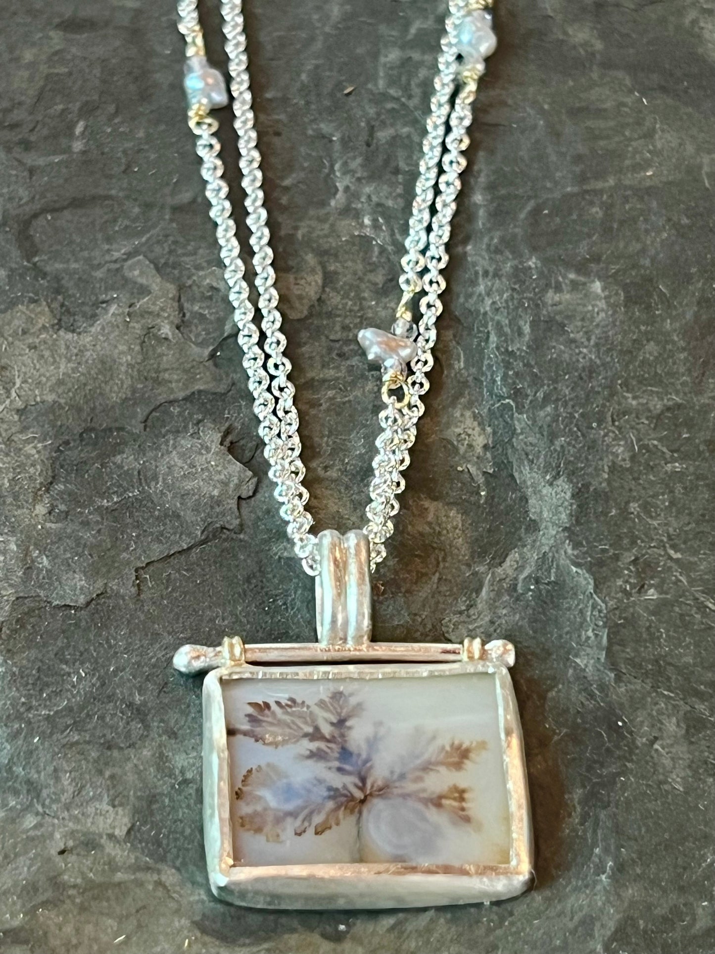 One of a Kind Dendritic Agate Hinged Sterling Silver Necklace with 14k Details, Spinel & Freshwater Pearl