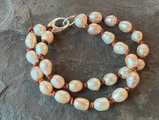 Peachy Freshwater Pearls on Hand Knotted Leather Double Bracelet