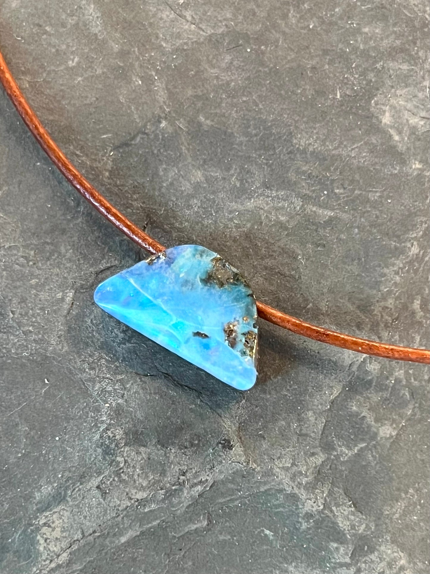 Blue Boulder Opal Leather Choker One of a Kind Necklace 16”