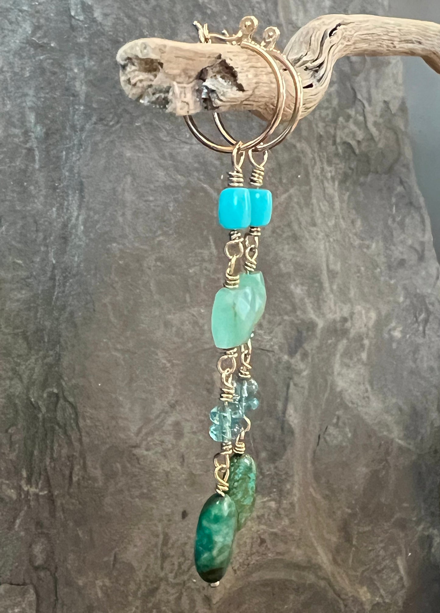 14K Mini Hoop with Long Green Gemmy Dangle - One of a Kind Earrings