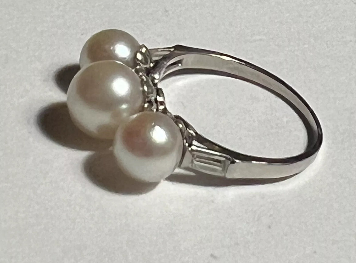 Estate Platinum Baguette Diamond Akoya Pearl Ring