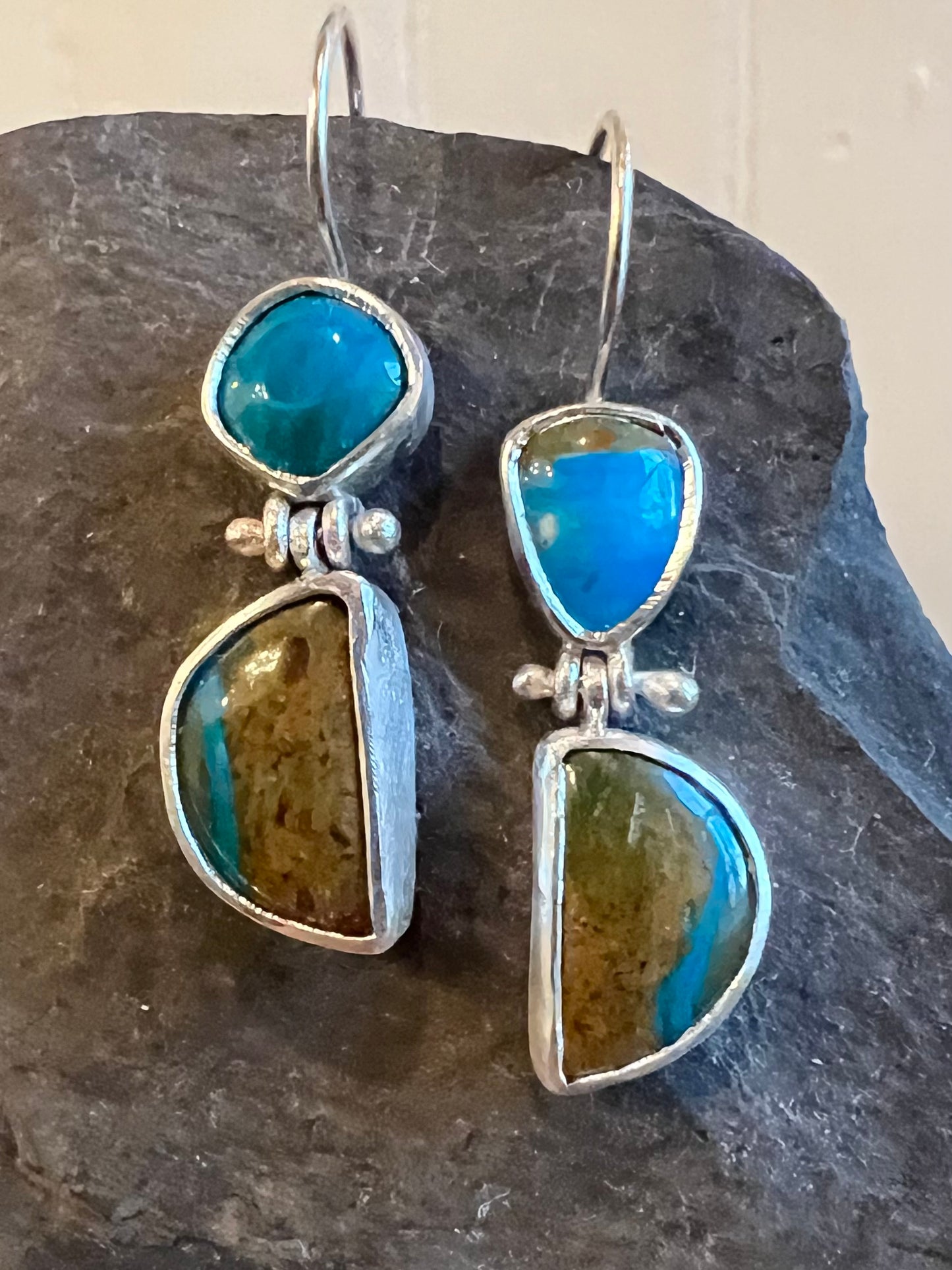 Blue Opal Crescent Hinged Sterling One of a Kind Dangle Earrings