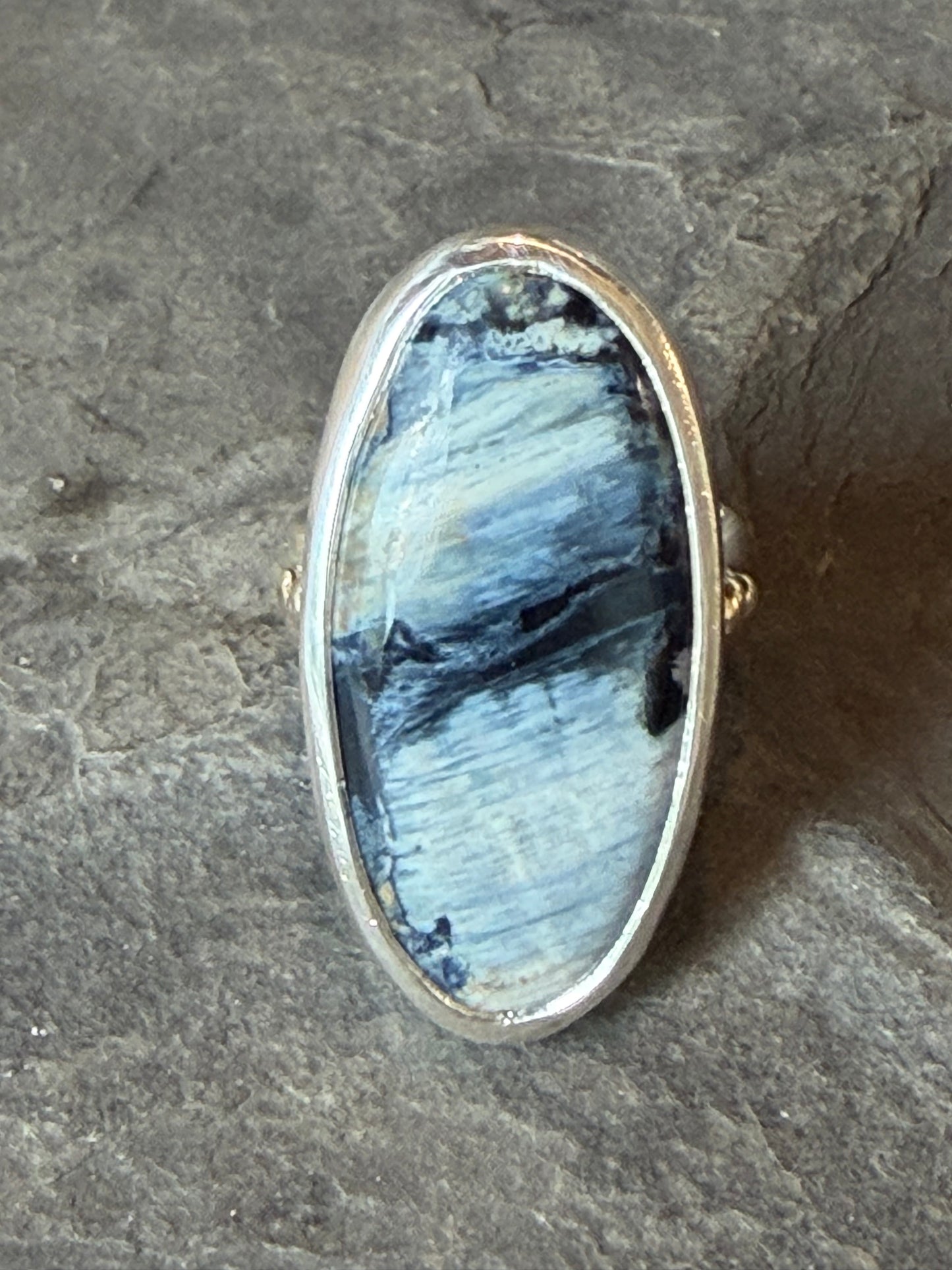 One of a Kind Grey Feather Jasper Ring in Sterling & 14K