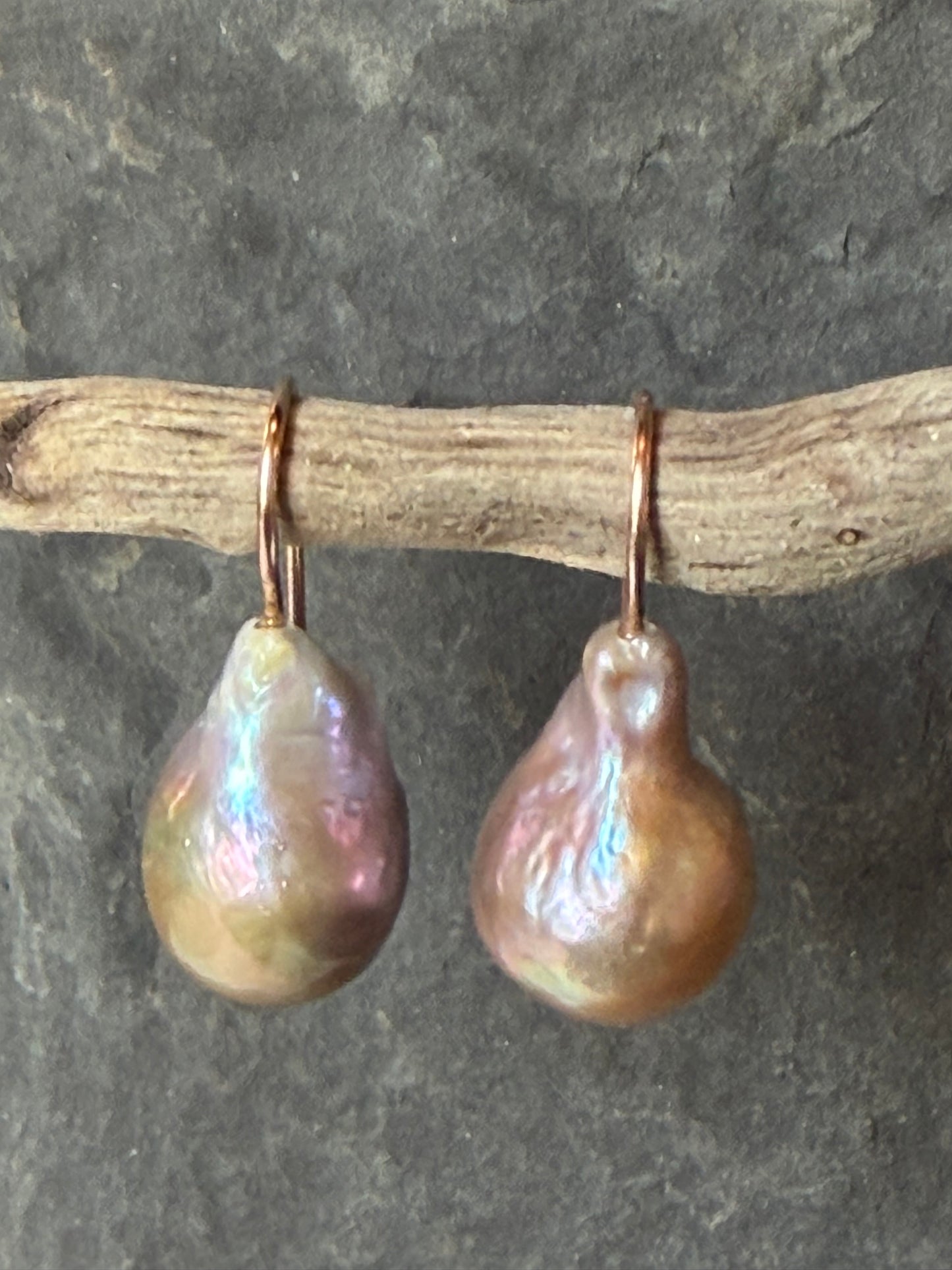 One of a Kind Mauve Bronze Baroque Pearl Minimalist Drop Earrings 14K Rose Gold