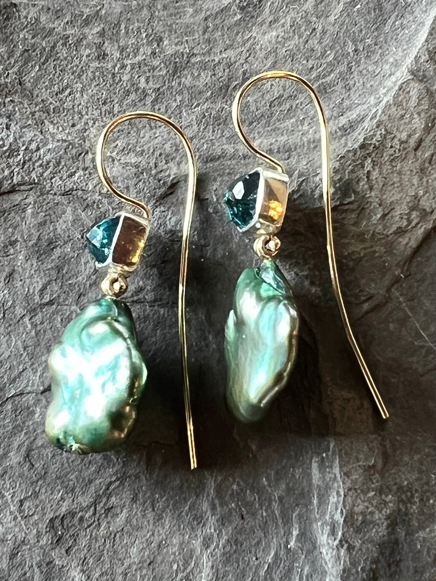 Blue Tourmaline & Green Freshwater Pearl Hinged One of a Kind Dangle Earrings 14K