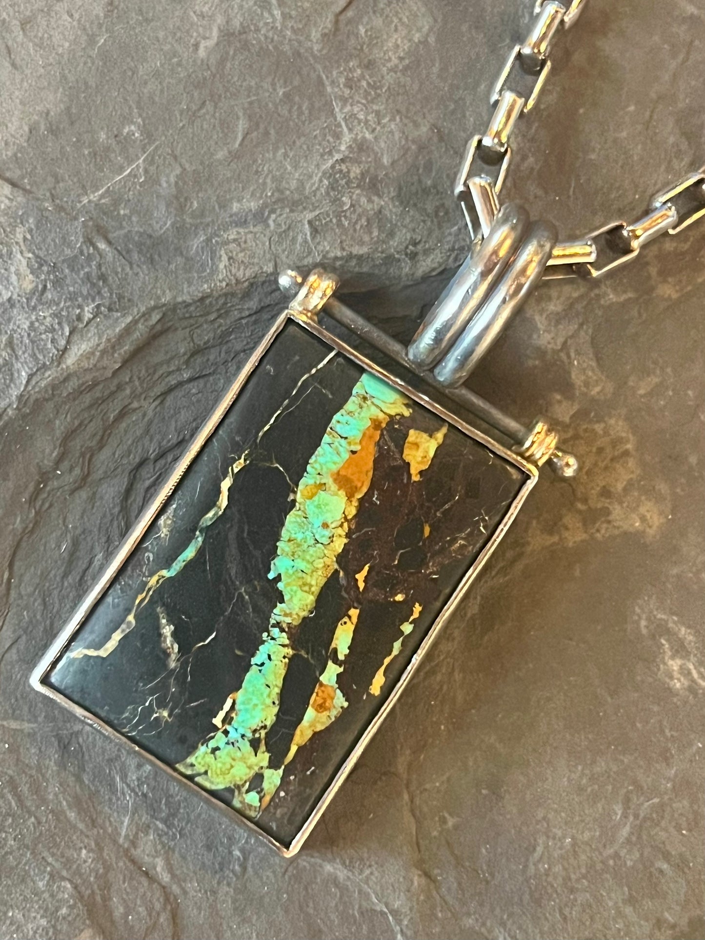Black Jack Turquoise in distressed oxidized Sterling Silver & 14K Gold Hinged One of a Kind Unisex Pendant