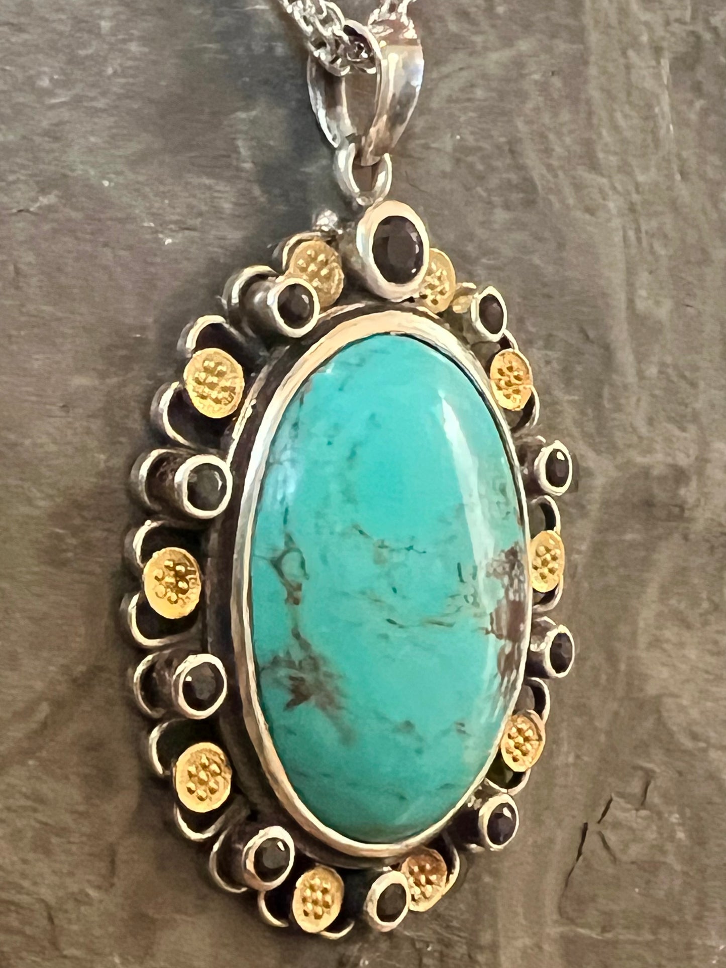 Estate Sterling 18K Turquoise Sapphire Oval Necklace- One of a Kind
