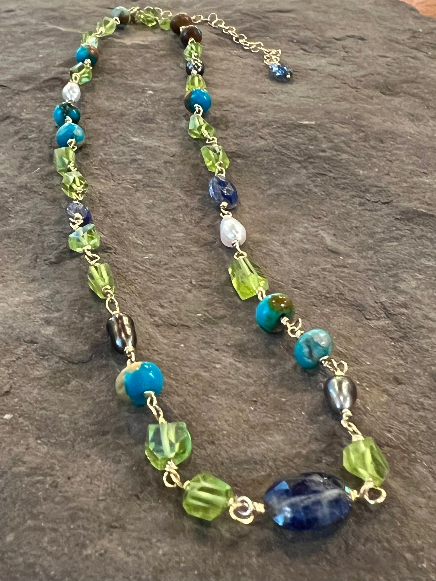 Water’s Edge Necklace- One of a Kind - 14k Peridot Kyanite Turquoise