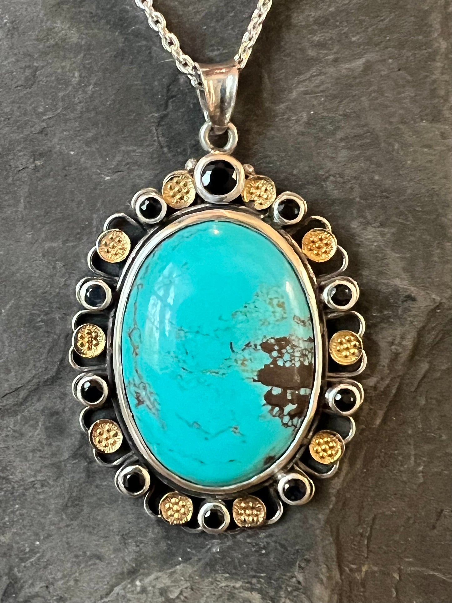 Estate Sterling 18K Turquoise Sapphire Oval Necklace- One of a Kind