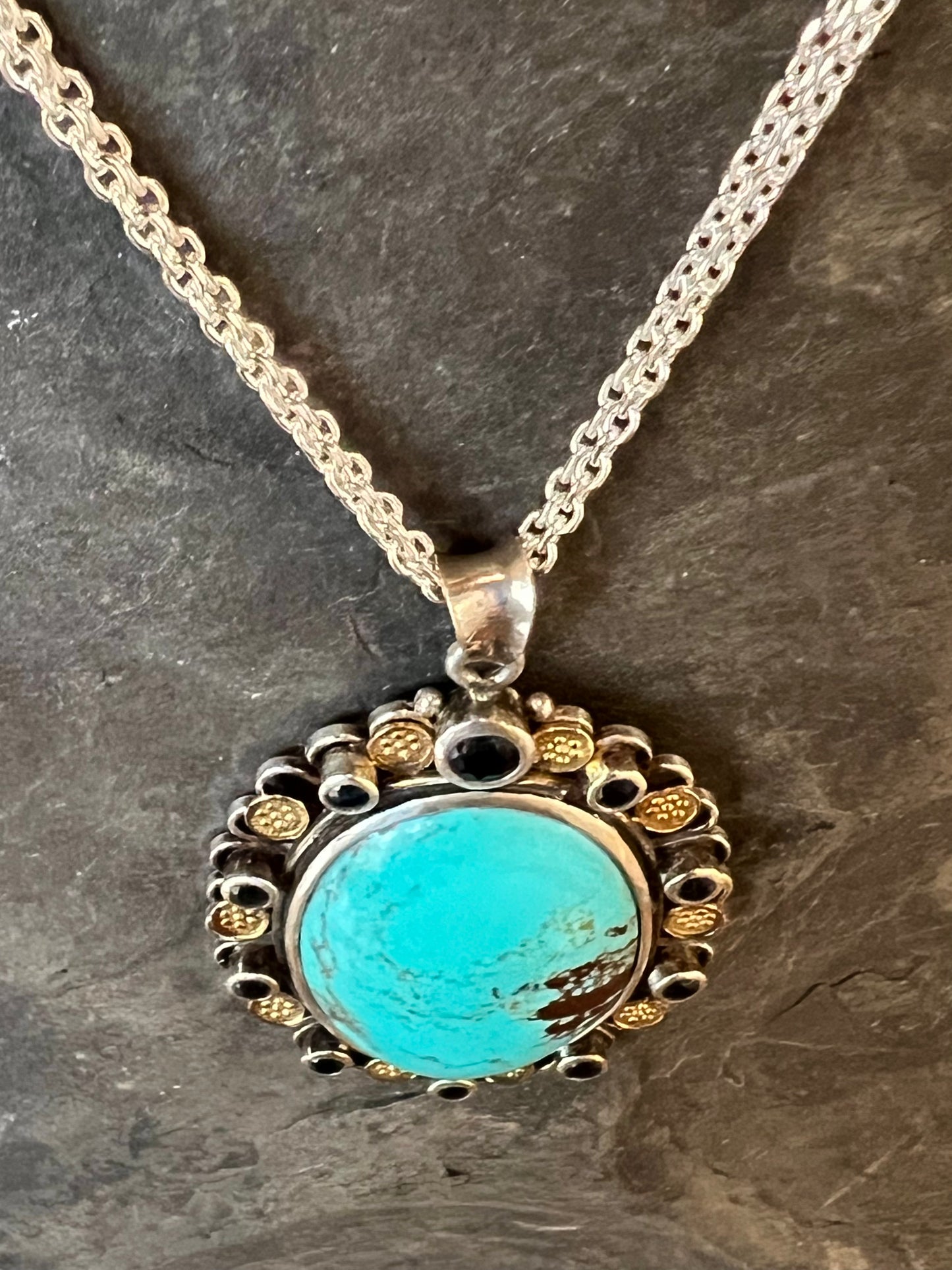 Estate Sterling 18K Turquoise Sapphire Oval Necklace- One of a Kind