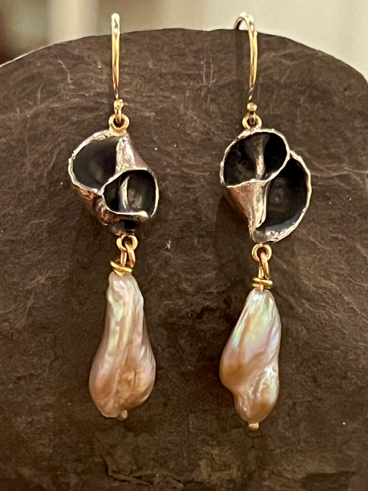 Ocean Inspired Small Eroded Conch Shell Earrings with Freshwater Pearl - Salt Series