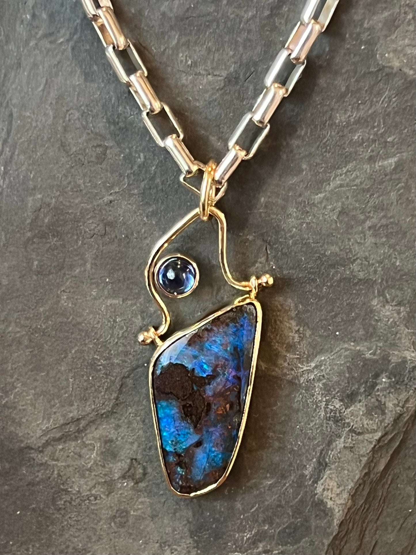 Boulder Opal & Kyanite Hinged Pendant - One of a Kind Necklace
