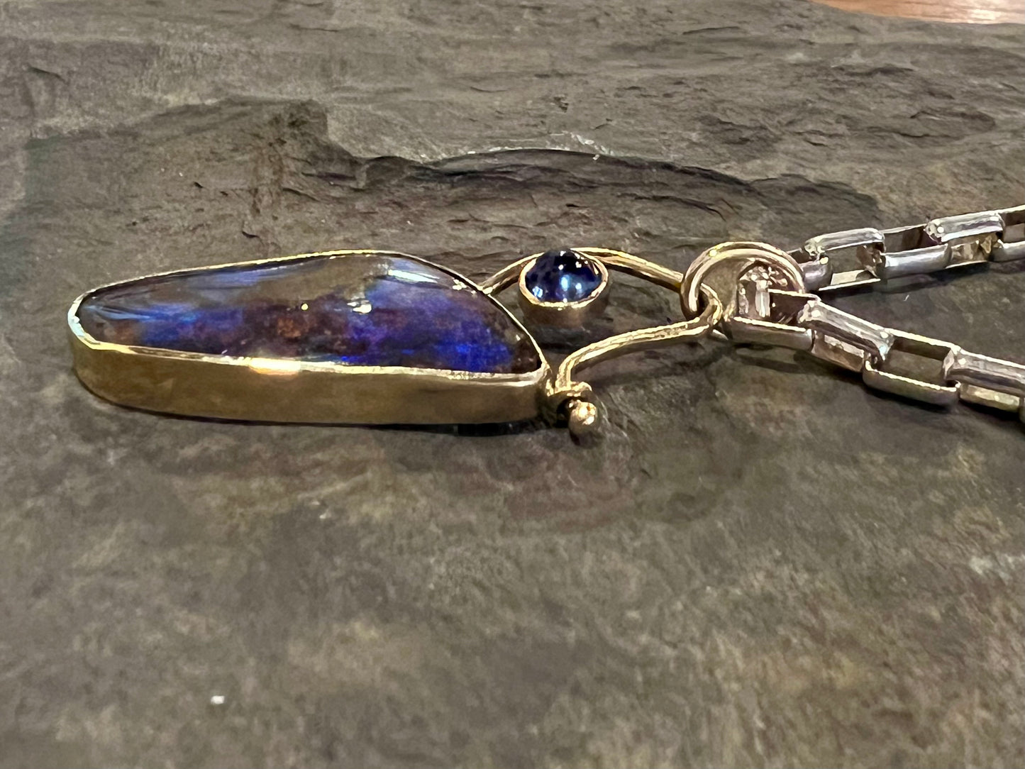 Boulder Opal & Kyanite Hinged Pendant - One of a Kind Necklace