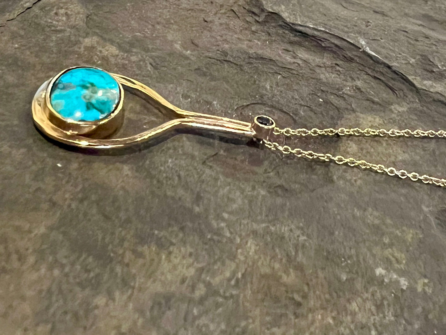 Forged Droplet with Turquoise & Blue Green Diamond - One of a Kind Necklace