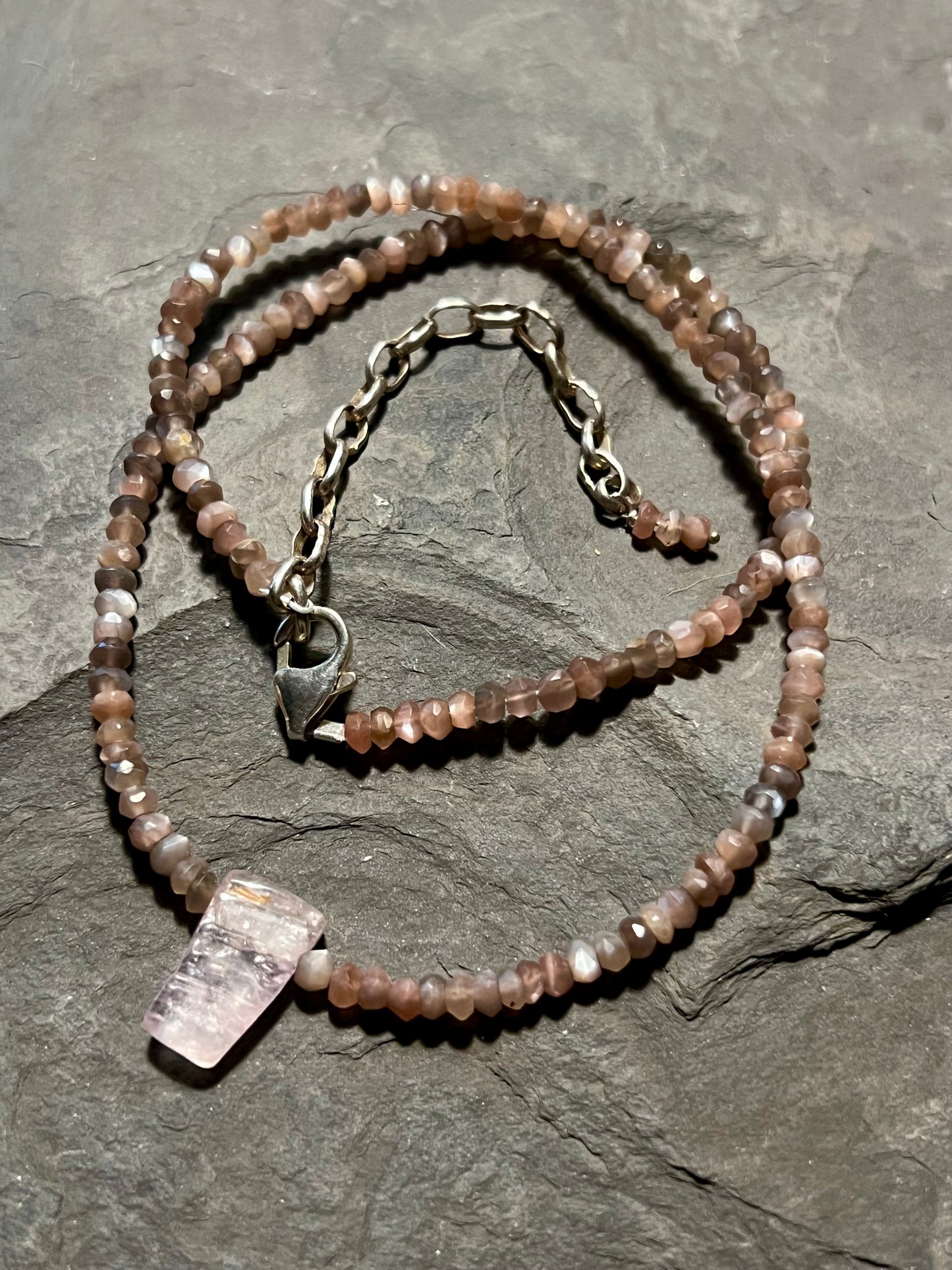 Calming Kunzite Crystal Moonstone Strand - Minimalist Necklace