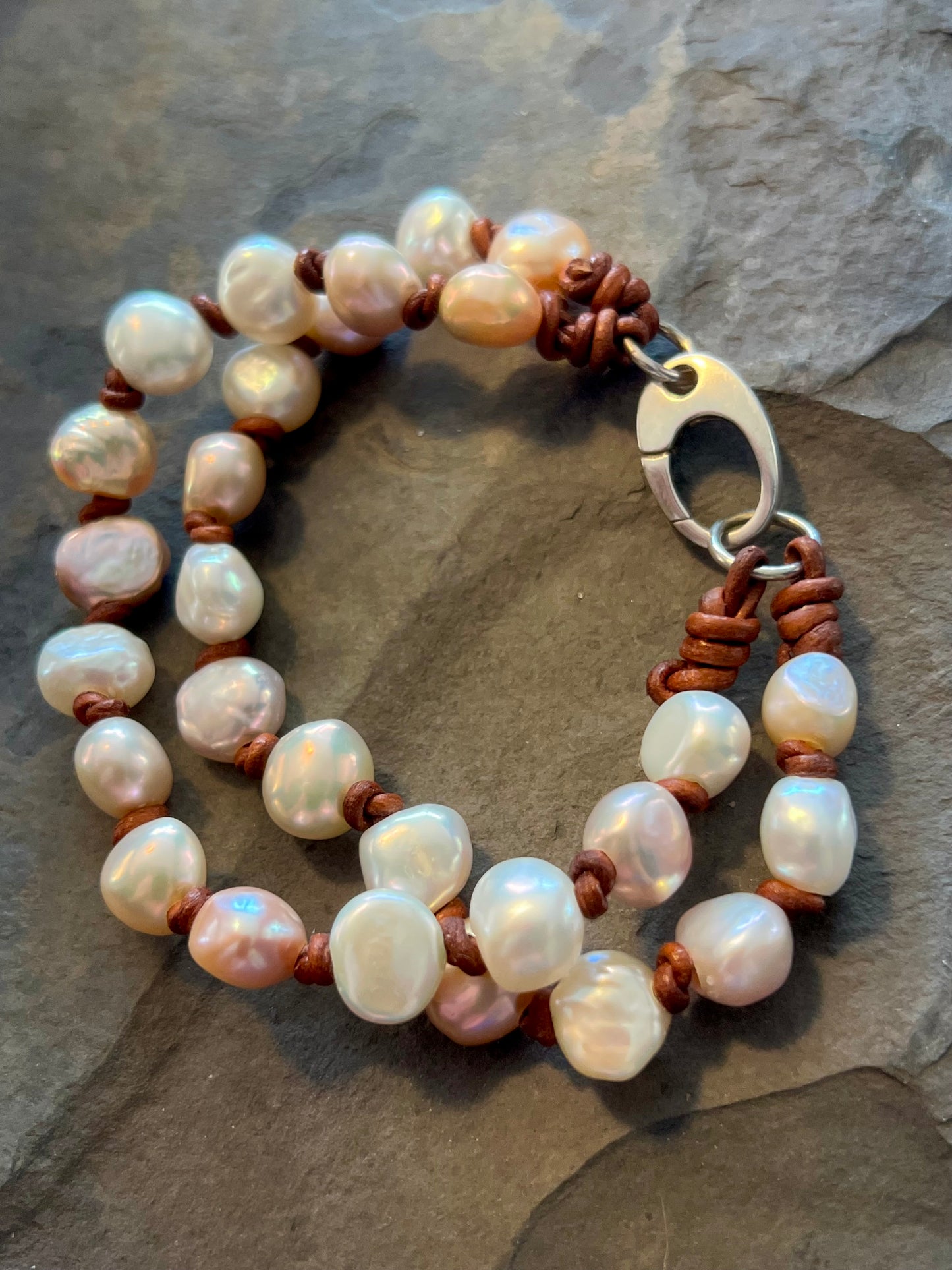 Freshwater Pearls on Leather Bracelet