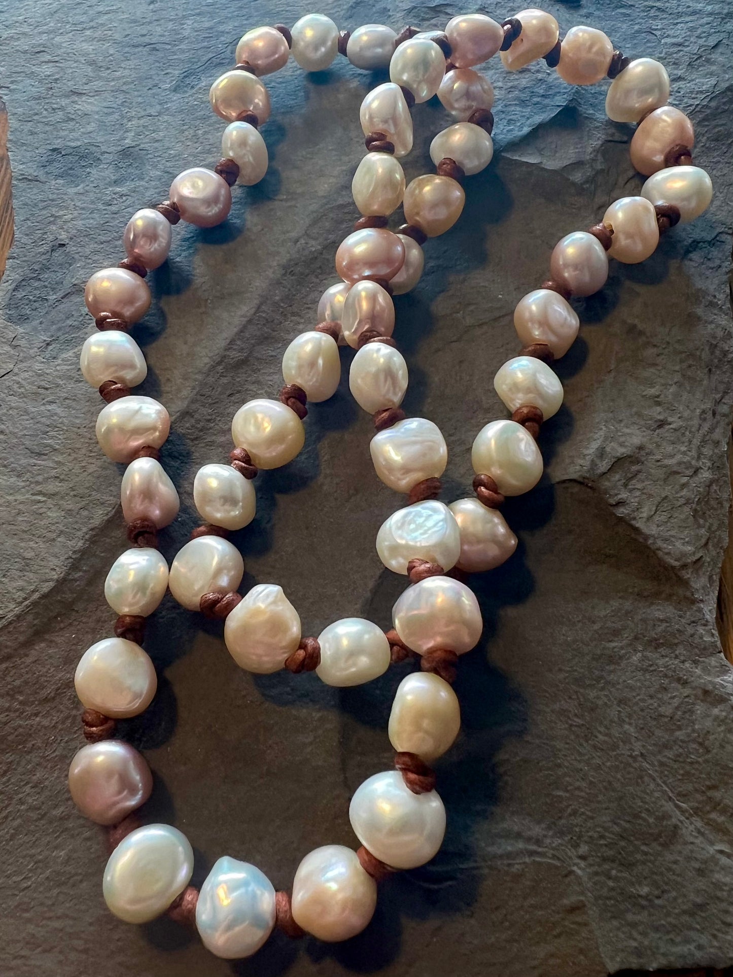Freshwater Pearls Knotted on Leather Necklace