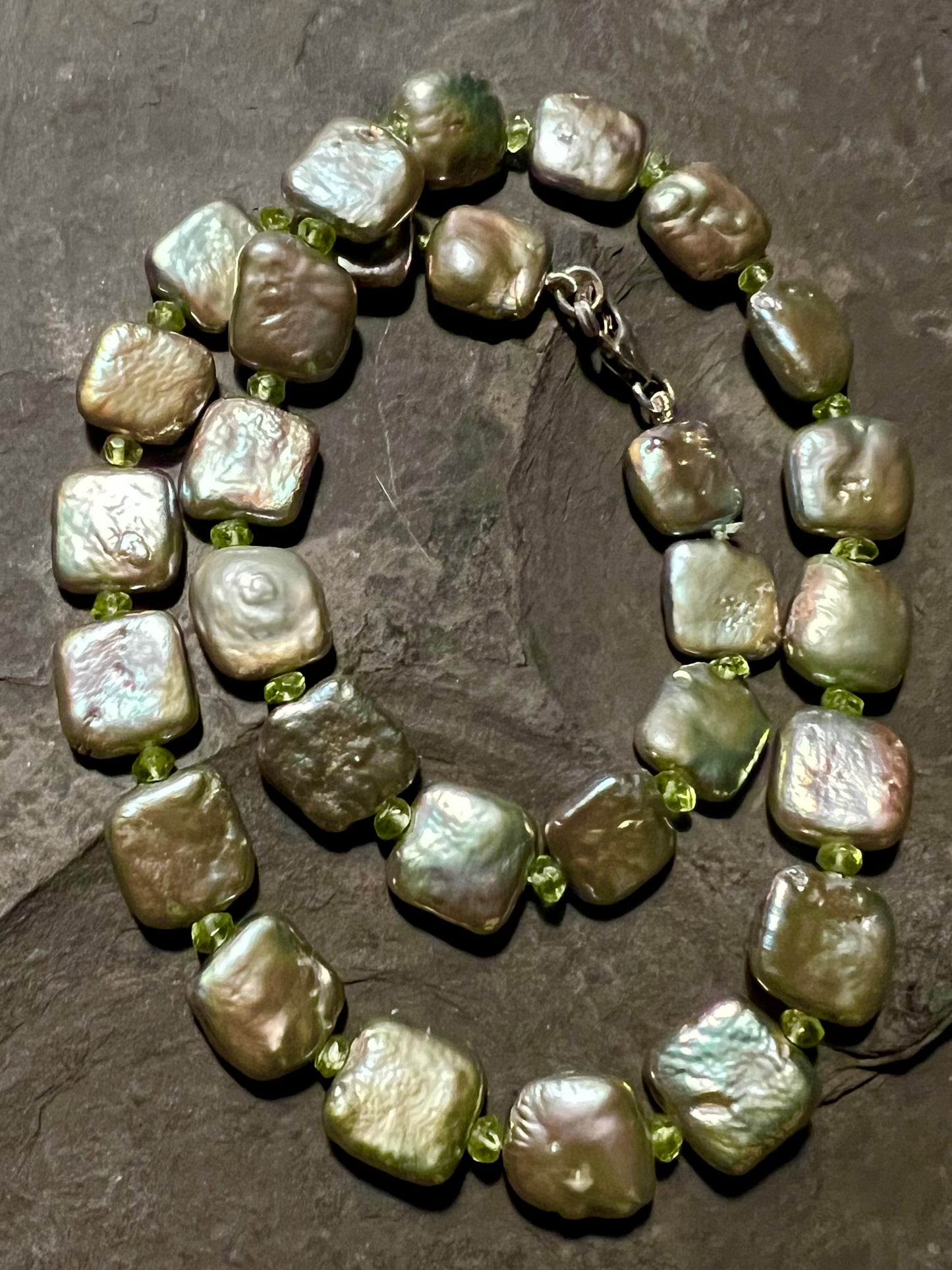 Metallic Pillow Pearl with Peridot Strand - One of a Kind Necklace